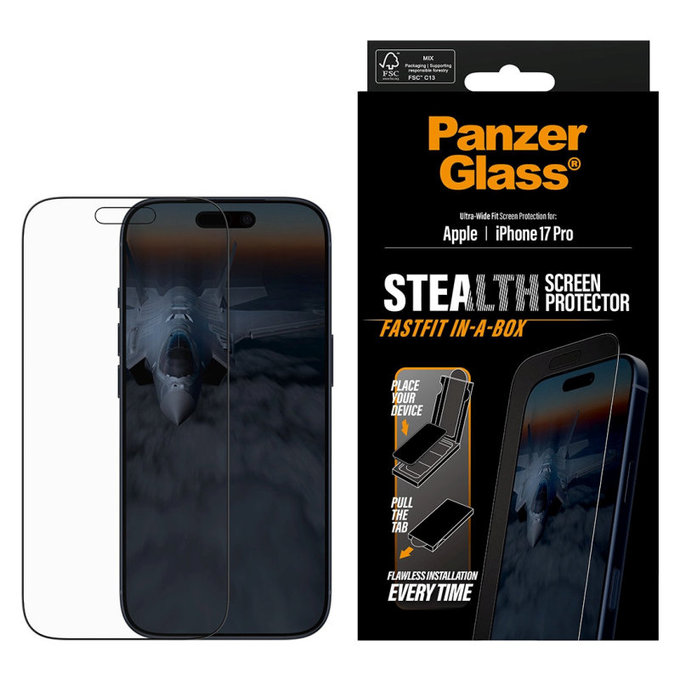 Vetro temperato UWF Stealth con Fastfit per iPhone 17 Pro, Nero, PanzerGlass