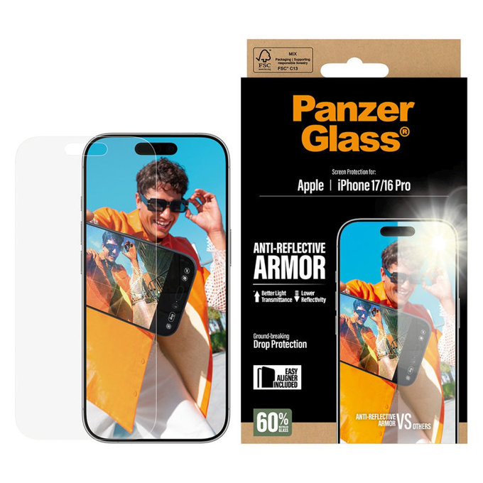 Vetro temperato Anti-Reflective con applicatore per iPhone 17/16 Pro, Nero, PanzerGlass