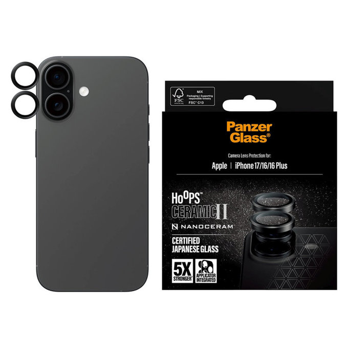 Protezione lente fotocamera Hoops Ceramic II per iPhone 17/16 Plus/16, Nero, PanzerGlass