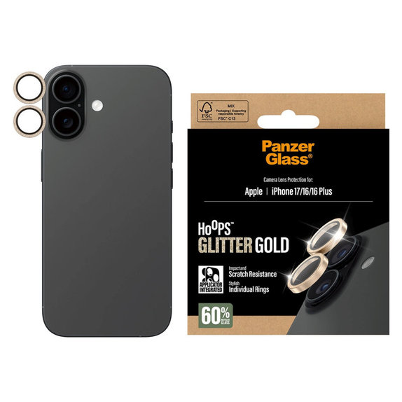 Protezione lente fotocamera Hoops per iPhone 17/16 Plus/16, Glitter Gold, PanzerGlass