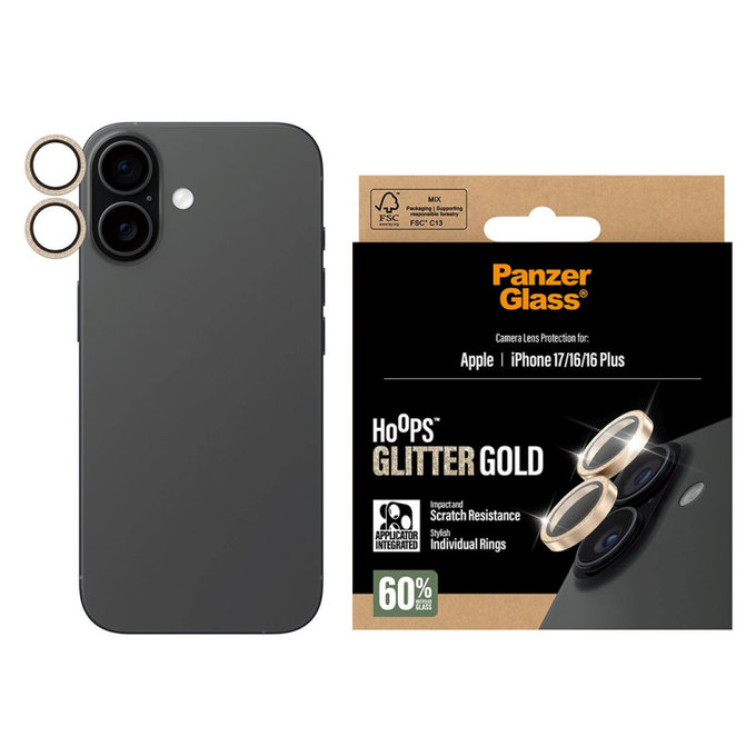 Protezione lente fotocamera Hoops per iPhone 17/16 Plus/16, Glitter Gold, PanzerGlass