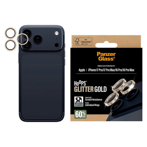 Protezione lente fotocamera Hoops per iPhone 17 Pro Max/17 Pro/16 Pro Max/16 Pro, Glitter Gold, PanzerGlass
