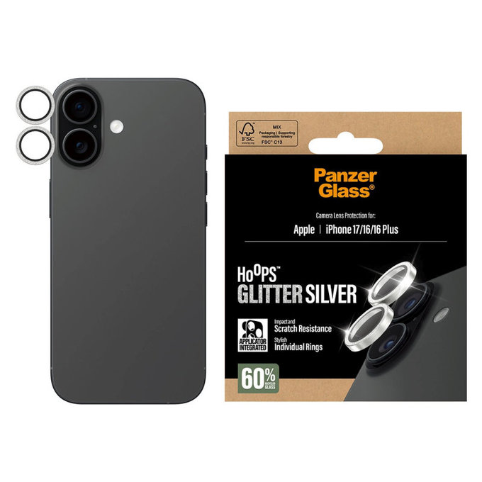 Protezione lente fotocamera Hoops per iPhone 17/16 Plus/16, Glitter Silver, PanzerGlass