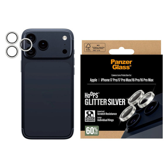 Protezione lente fotocamera Hoops per iPhone 17 Pro Max/17 Pro/16 Pro Max/16 Pro, Glitter Silver, PanzerGlass