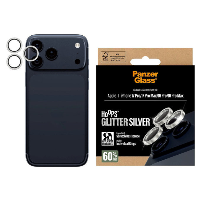 Protezione lente fotocamera Hoops per iPhone 17 Pro Max/17 Pro/16 Pro Max/16 Pro, Glitter Silver, PanzerGlass