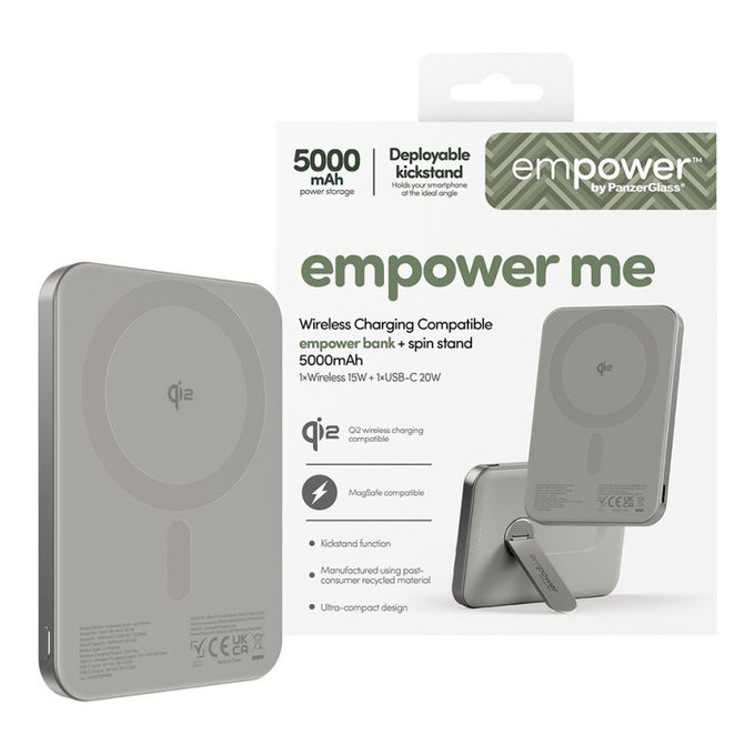 PowerBank wireless 5000 mAh, con supporto rotante 20 W, compatibile con MagSafe, Qi2/USB-C, Titanio, empower