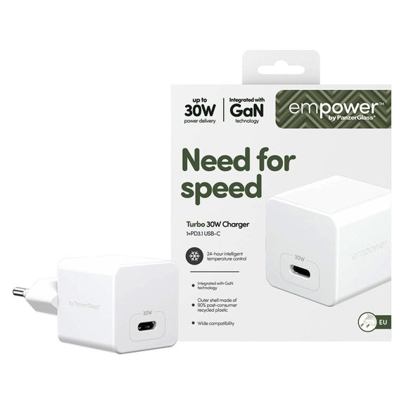 Adattatore da viaggio Grand Prix USB-C, GaN, 30 W PD, Silver White, PanzerGlass