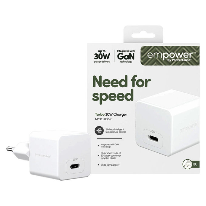 Adattatore da viaggio Grand Prix USB-C, GaN, 30 W PD, Silver White, PanzerGlass
