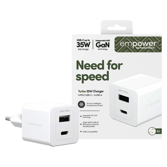 Adattatore da viaggio Grand Prix USB-C/USB-A, GaN, 35 W PD, Silver White, PanzerGlass
