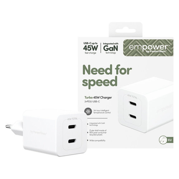 Adattatore da viaggio Grand Prix 2x USB-C, GaN, 45 W PD, Bianco argento, PanzerGlass