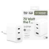 Adattatore da viaggio Grand Prix 2x USB-C/USB-A, GaN, 70 W PD, Bianco argento, empower