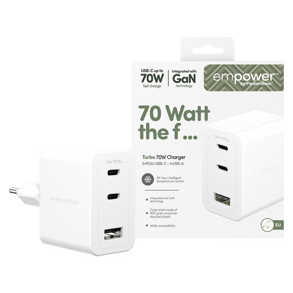 Adattatore da viaggio Grand Prix 2x USB-C/USB-A, GaN, 70 W PD, Bianco argento, PanzerGlass