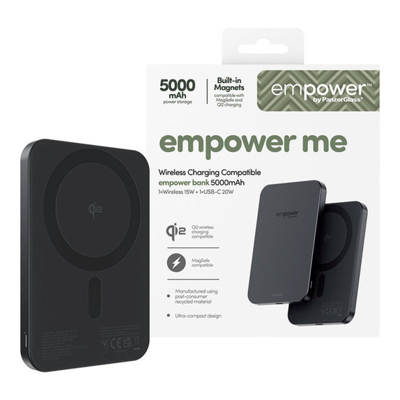 PowerBank wireless 5000 mAh 20 W, compatibile con MagSafe, Qi2/USB-C, Black spazio, empower
