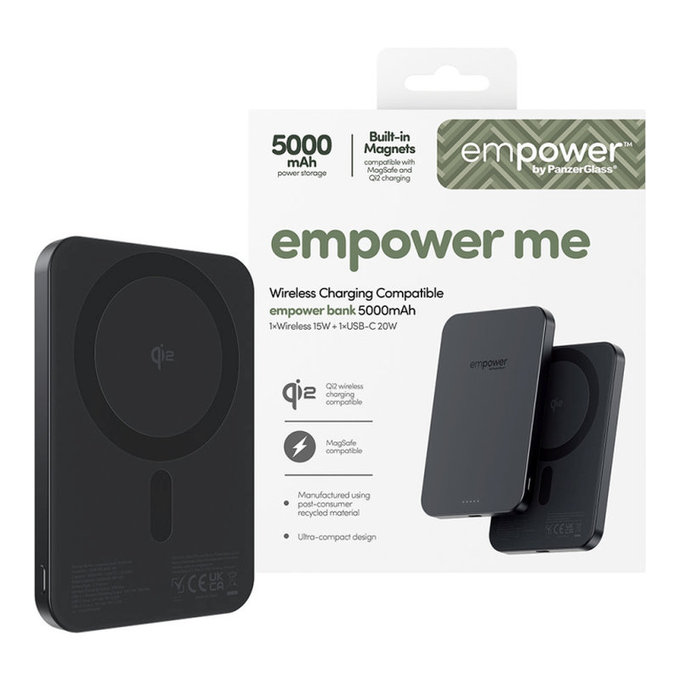 PowerBank wireless 5000 mAh 20 W, compatibile con MagSafe, Qi2/USB-C, Black spazio, empower