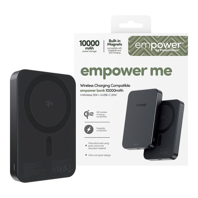 PowerBank wireless 10000 mAh 20 W, compatibile con MagSafe, Qi2/USB-C, Black spazio, empower