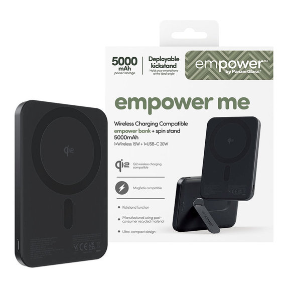 PowerBank wireless 5000 mAh, con supporto rotante 20 W, compatibile con MagSafe, Qi2/USB-C, Black spazio, empower