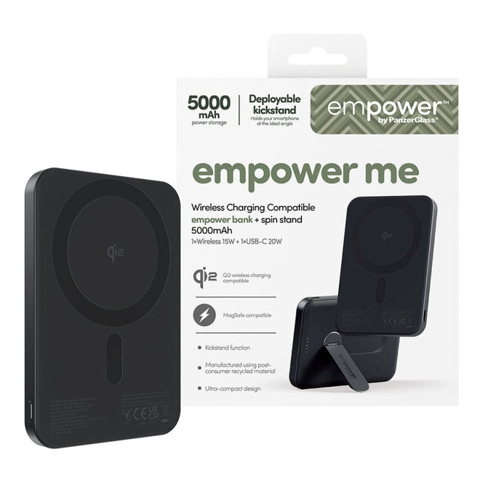 PowerBank wireless 5000 mAh, con supporto rotante 20 W, compatibile con MagSafe, Qi2/USB-C, Black spazio, empower