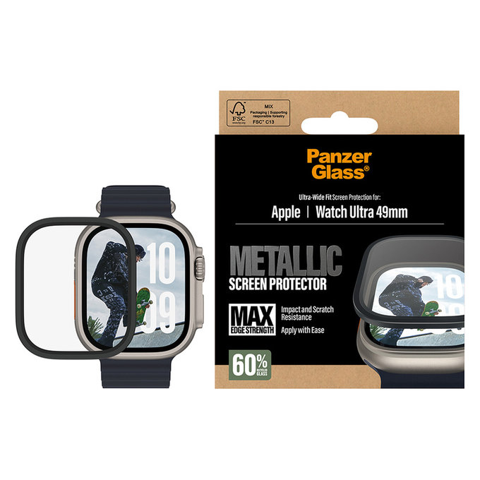 Vetro temperato UWF METALLIC per Apple Watch Ultra 49 mm, Nero, PanzerGlass
