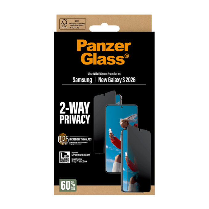Vetro temperato privacy UWF 2-Way con applicatore per Samsung S26, Clear, PanzerGlass