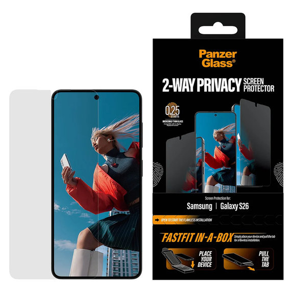 Vetro temperato UWF 2-Way Privacy con FASTFIT In-A-Box per Samsung Galaxy S26, Trasparente, PanzerGlass