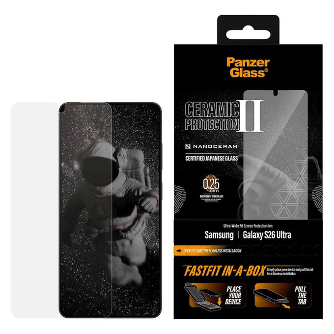 Vetro temperato UWF Ceramic con FASTFIT In-A-Box per Samsung S26 Ultra, Trasparente, PanzerGlass