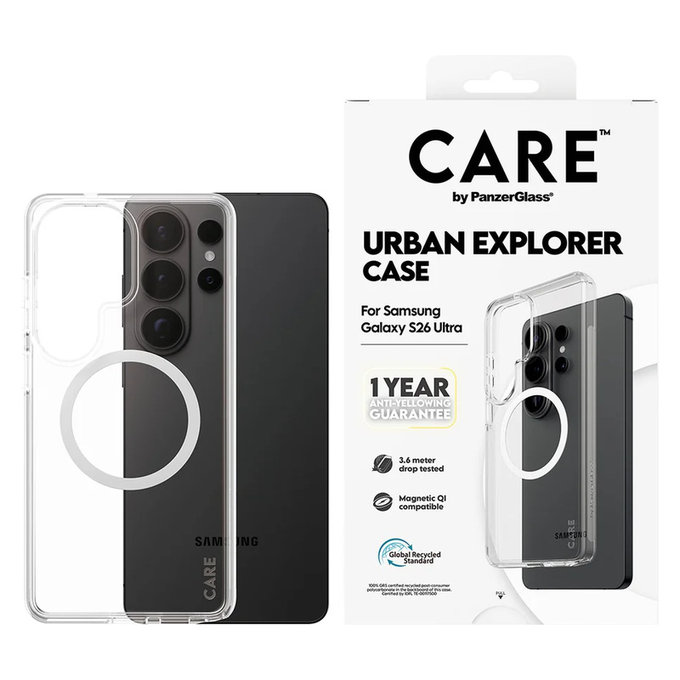 Custodia Urban Explorer con QI bianco per Samsung Galaxy S26 Ultra, Trasparente, PanzerGlass