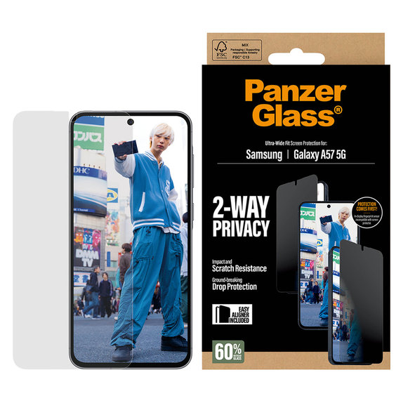 Vetro temperato UWF Privacy con applicatore per Samsung Galaxy A57, Trasparente, PanzerGlass