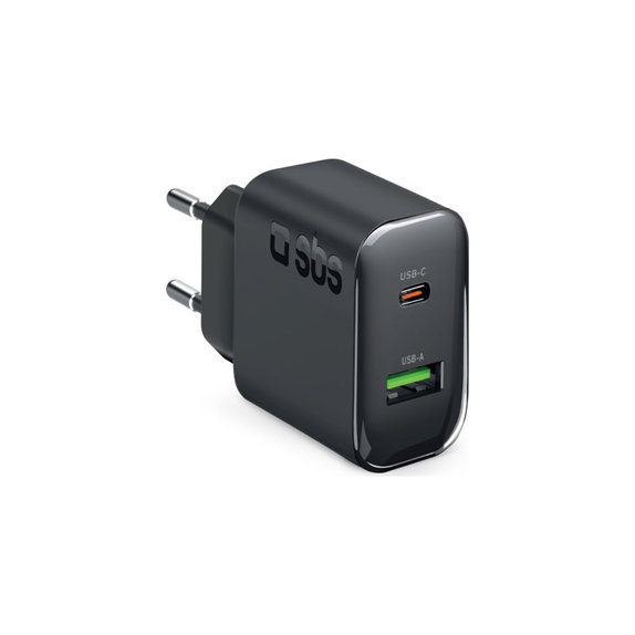 Adattatore da viaggio USB-A/USB-C, GaN, 65 W PD, nero, SBS