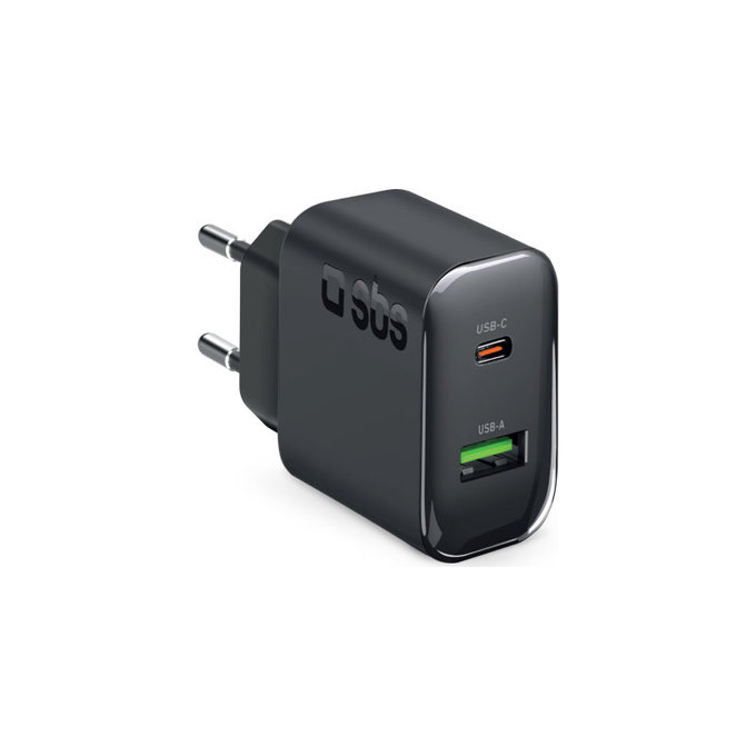 Adattatore da viaggio USB-A/USB-C, GaN, 65 W PD, nero, SBS