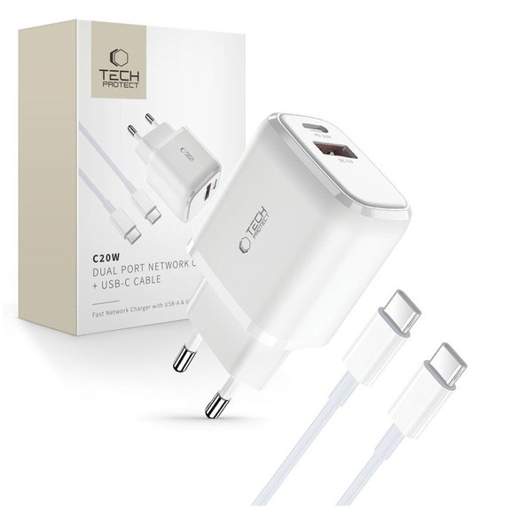 Caricatore da parete C20W 2-PORT PD 20W / QC3.0 + USB-C Cable, bianca, Tech-Protect