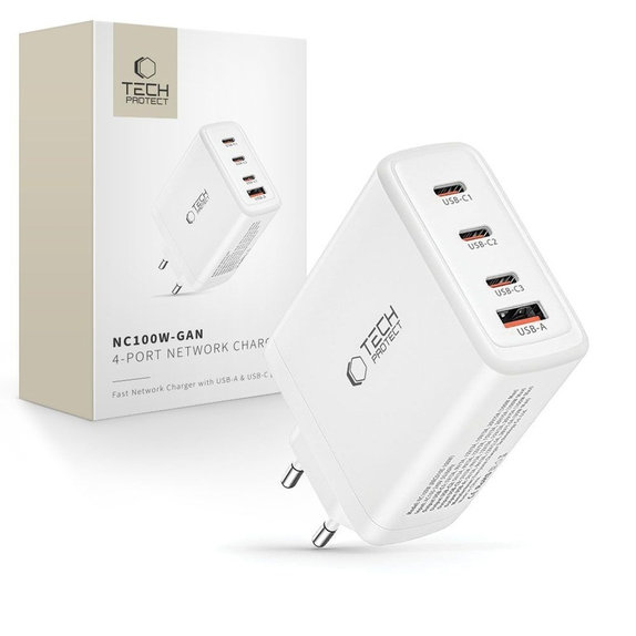 Caricatore da parete NC100W-GAN 4-PORT PD 100W / QC3.0, bianca, Tech-Protect