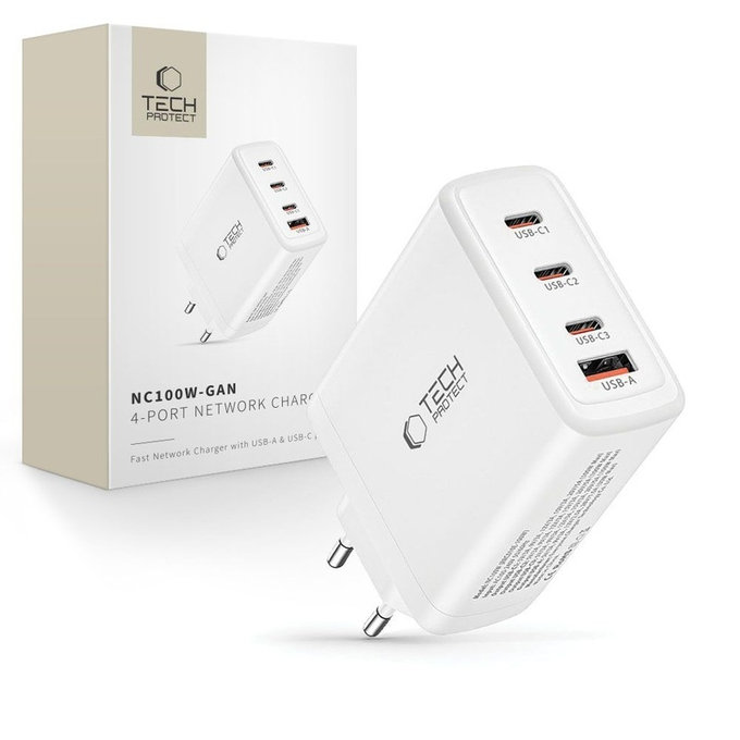 Caricatore da parete NC100W-GAN 4-PORT PD 100W / QC3.0, bianca, Tech-Protect