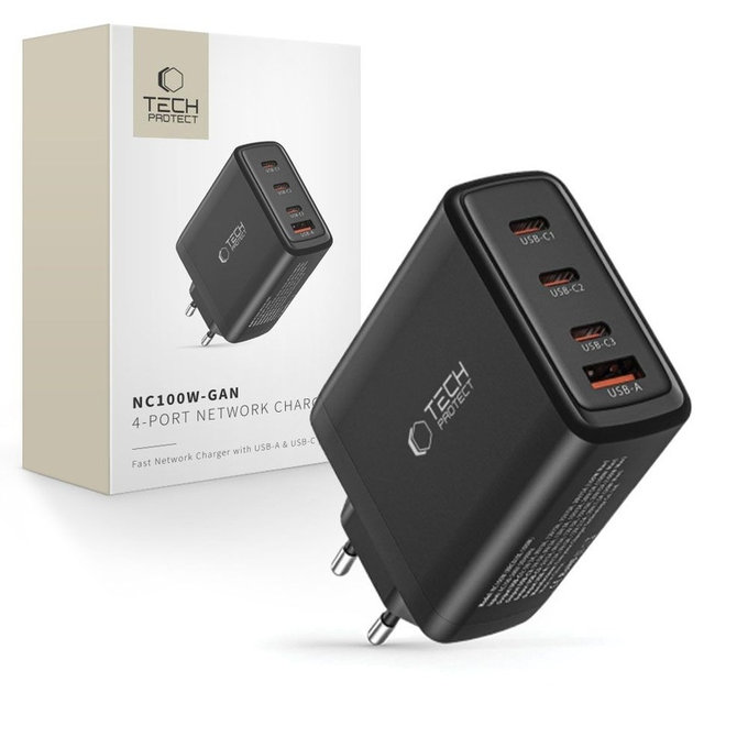 Caricatore da parete NC100W-GAN 4-PORT PD 100W / QC3.0, nera, Tech-Protect