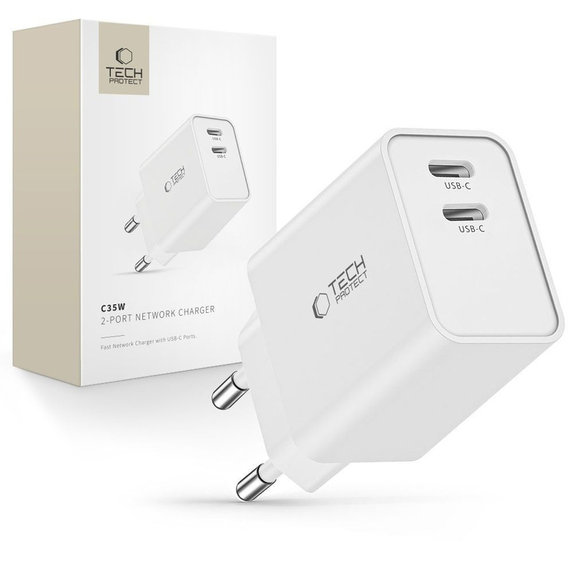 Caricatore da parete C35W 2-PORT PD 35W, bianca, Tech-Protect