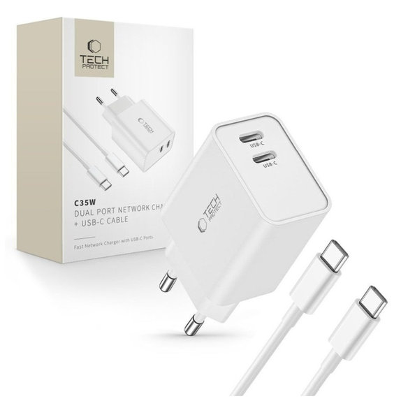Caricatore da parete C35W 2-PORT PD 35W + USB-C Cable, bianca, Tech-Protect