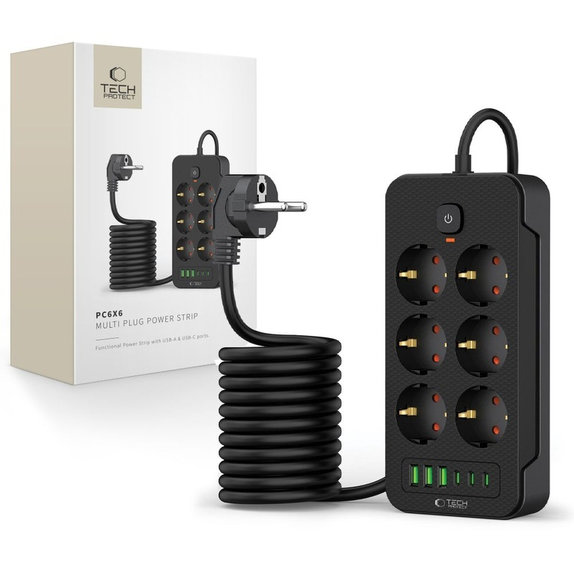 Caricatore da parete PC6X6 Power Strip 3 USB & 3 USB-C & 6 Socket 200cm, nera, Tech-Protect