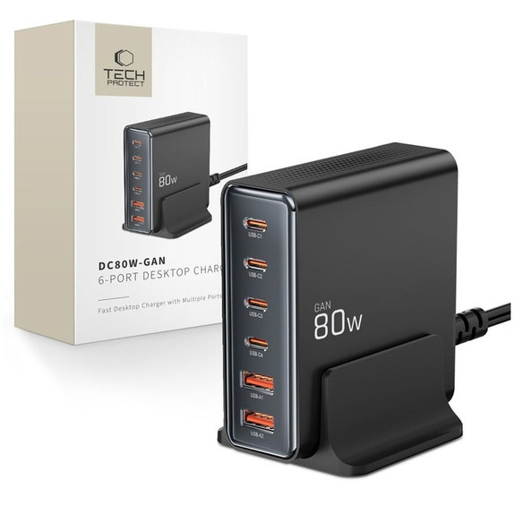 Caricatore da parete DC80W-GAN 6-PORT PD 80W / QC3.0, nera, Tech-Protect