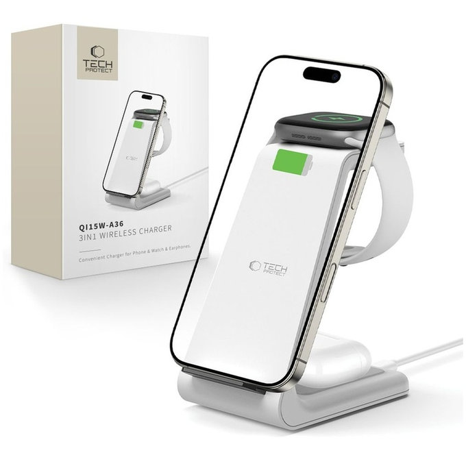 Caricatore wireless QI15W-A36 3IN1 for Apple, bianca, Tech-Protect