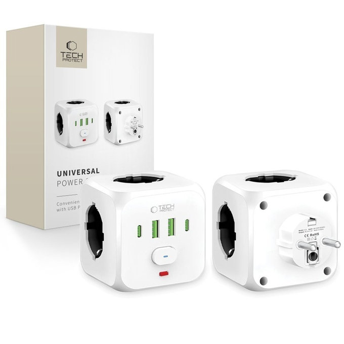 Caricatore da parete PCL3X4 Power Socket 2 USB & 2 USB-C & 3 Socket, bianca, Tech-Protect