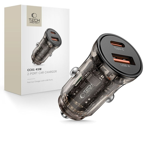 Caricatore auto CC01 2-PORT PD 45W / QC3.0, nera, Tech-Protect