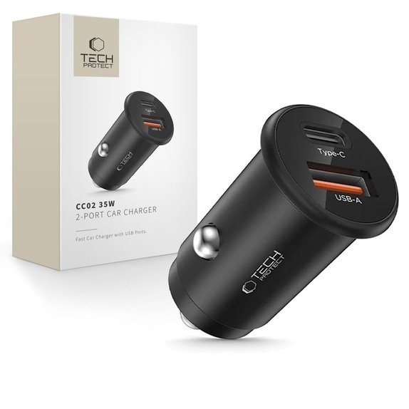 Caricatore auto CC02 2-PORT PD 35W / QC3.0, nera, Tech-Protect