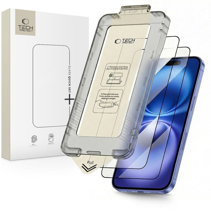 Vetro temperato Quick Set+ 2-PACK per iPhone 15 / 16, nera, Tech-Protect
