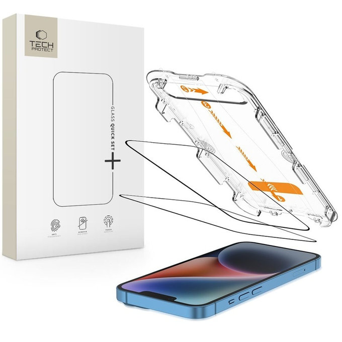 Vetro temperato Quick Set+ 2-PACK per iPhone 13 / 13 Pro / 14 / 16E / 17E, nera, Tech-Protect