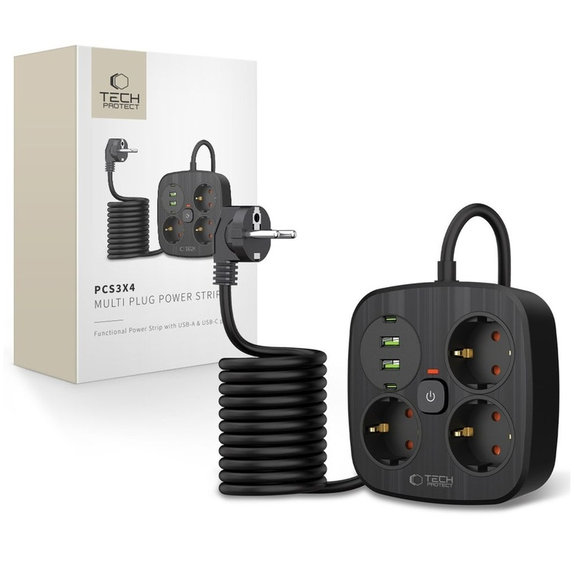 Caricatore da parete PCS3X4 Power Strip 2 USB & 2 USB-C & 3 Socket 200cm, nera, Tech-Protect