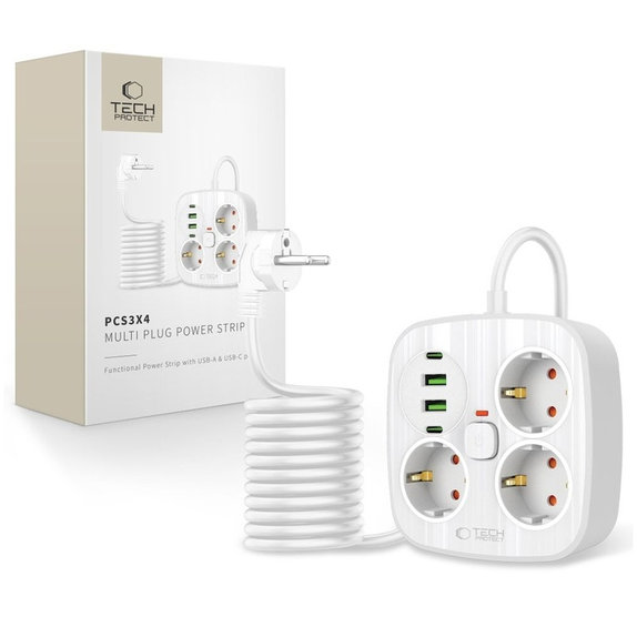 Caricatore da parete PCS3X4 Power Strip 2 USB & 2 USB-C & 3 Socket 200cm, bianca, Tech-Protect