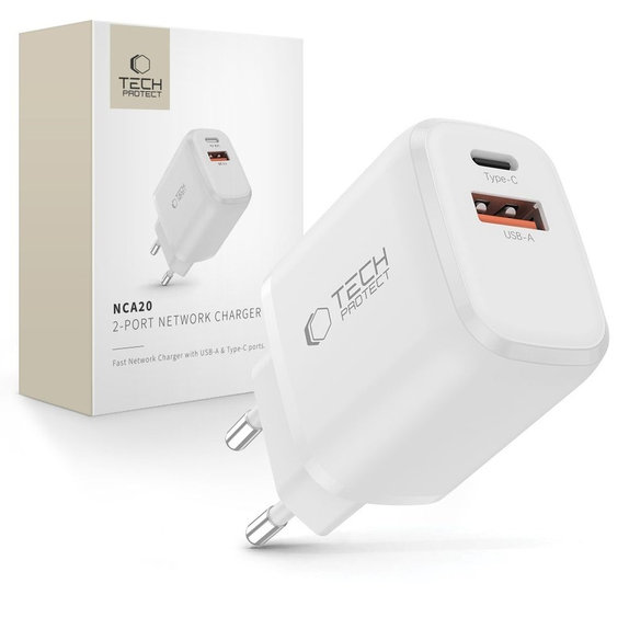 Caricatore da parete NCA20 2-PORT PD 20W / QC3.0, bianca, Tech-Protect