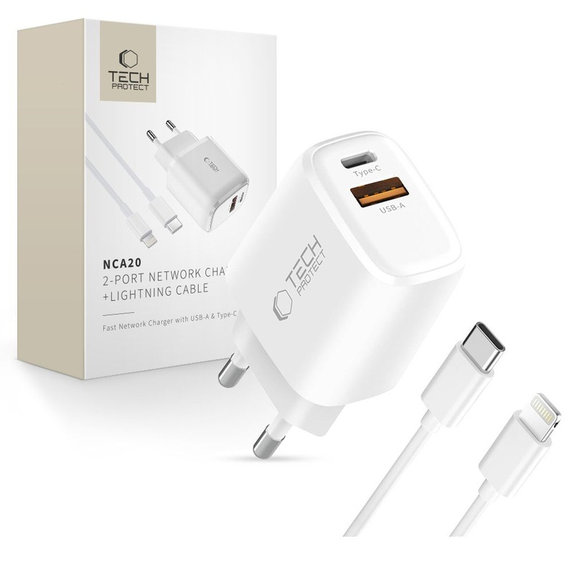 Caricatore da parete NCA20 2-PORT PD 20W / QC3.0 + Lightning Cable, bianca, Tech-Protect
