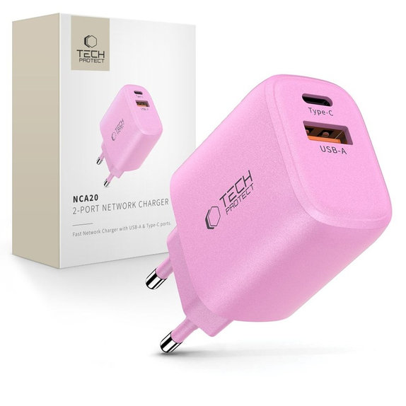 Caricatore da parete NCA20 2-PORT PD 20W / QC3.0, Baby Pink, Tech-Protect