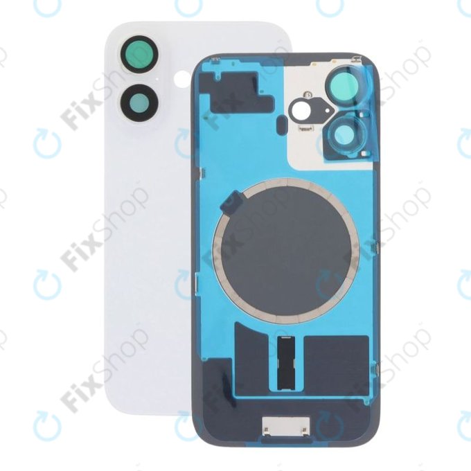 Vetro scocca posteriore per iPhone 16, White, con lente fotocamera, piastra metallica e magnete MagSafe