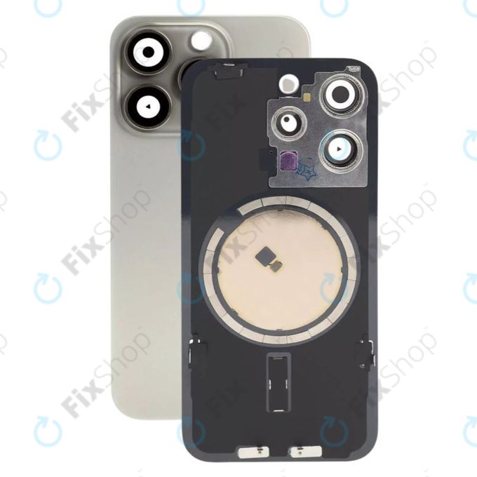 Vetro scocca posteriore con lente fotocamera, piastra metallica e magneti MagSafe per iPhone 15 Pro, Natural Titanium